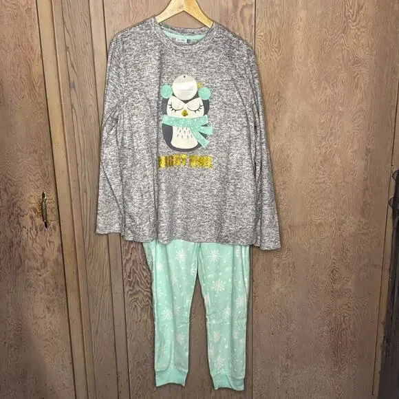 NWT Yarn & Sea Ultra-soft Gray Fleecy Night Owl Penguin Pajama Set Size XL - Picture 1 of 10